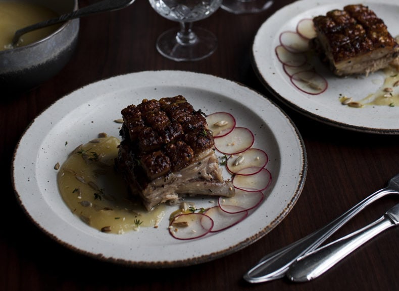 Crispy Pork Belly, Apple Puree & Honey Mustard Vinaigrette