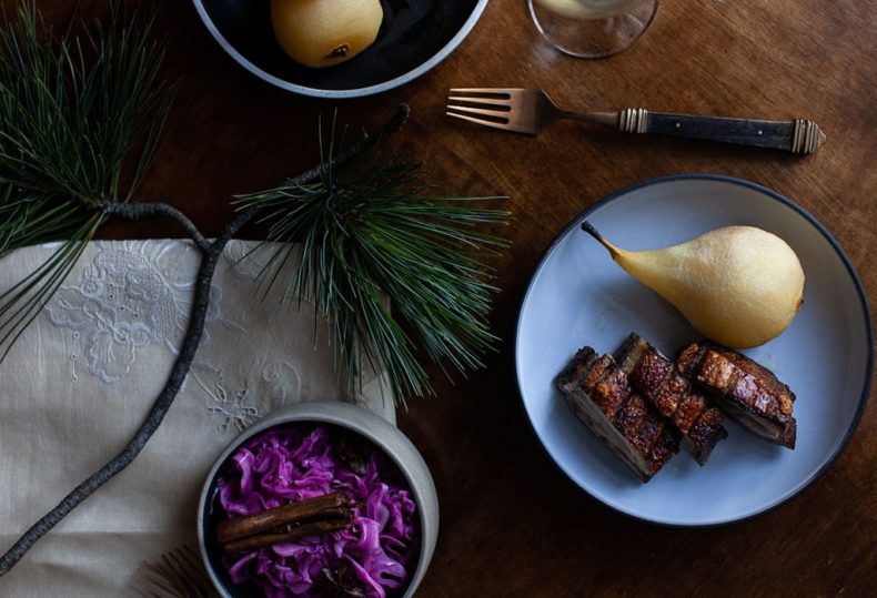 Pork belly cider poched pear spiced cabbage