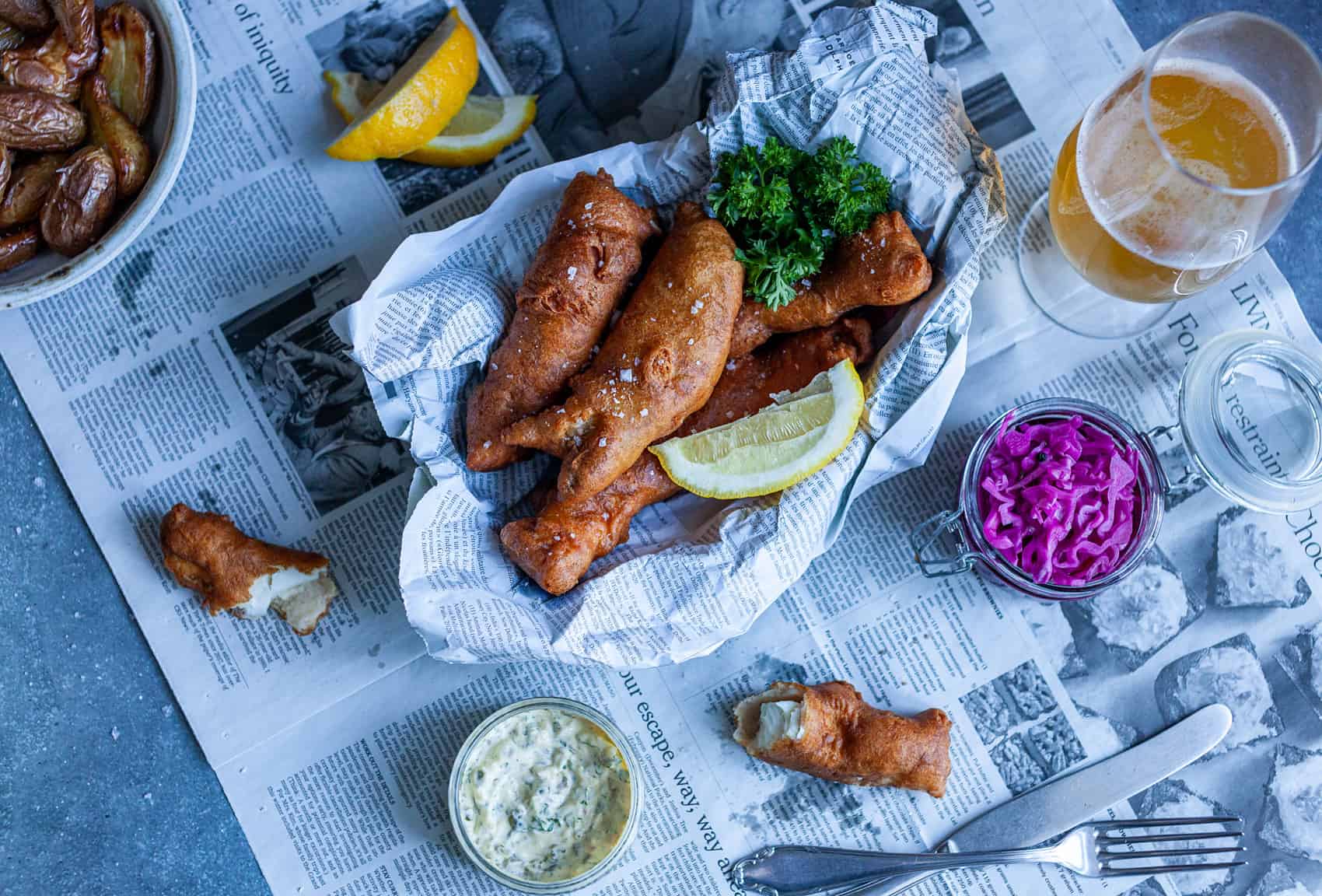 Feature image of beer-battered halibut and sides