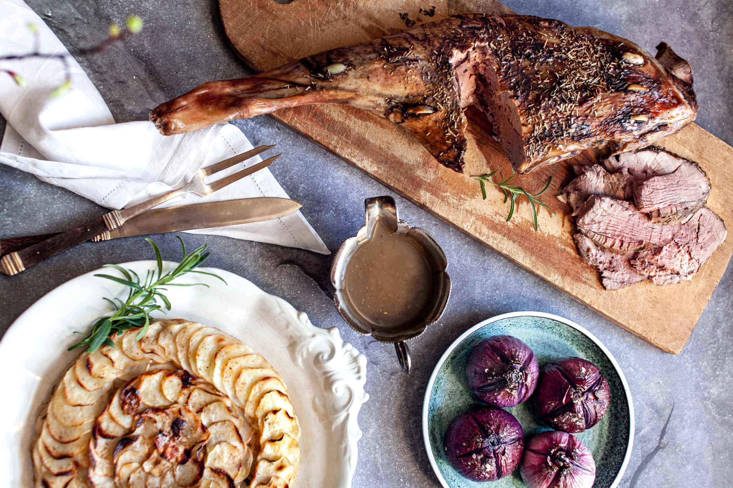Norwegian Style Slow-roasted Leg of Lamb and Pommes Anna